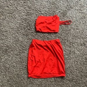 Red Two Piece Skirt and Tie up Tube Top